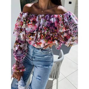 PHILLY'S TREASURE WOMEN'S MULITCOLOR OFF THE SHOULDER LONG SLEEVE BLOUSE